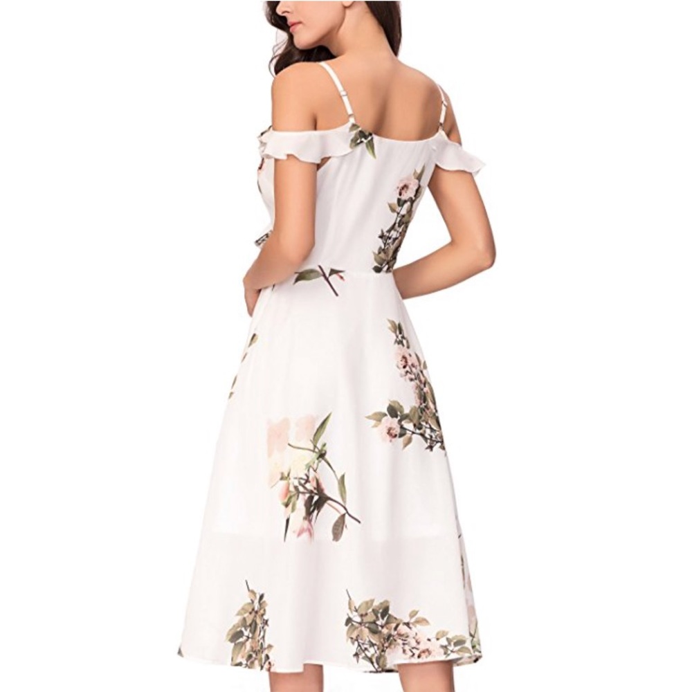 Boho Floral Chiffon Cold Shoulder Front Slit Dress - Picture 7 of 8